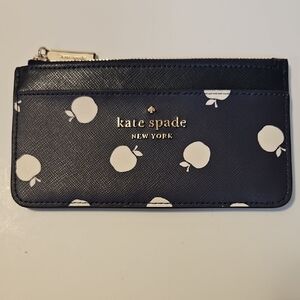 KATE SPADE , SLIM CARD HOLDER , NAVY BLUE, ORCHARD TOSS APPLE 6 1/2" X 3 1/2"